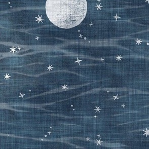 Misty Night Sky - Full Moons on Dark Indigo (xl scale) | Night sky fabric, block printed moons and stars on linen pattern and arashi shibori, pole wrapping tie-dye, constellations, dark blue, navy, blue and white.