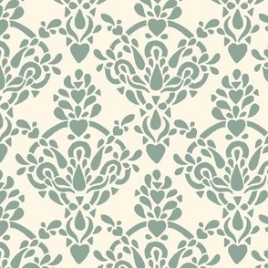 Ornamental Victorian damask with Hearts  - Sage Green