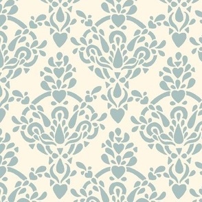 Ornamental Victorian damask with Hearts  - Light baby Blue