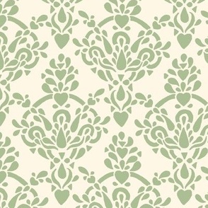 Ornamental Victorian damask with Hearts - Light Spring Green