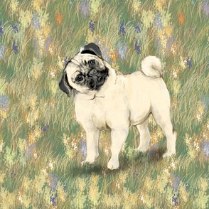 Fawn Pug 2 in Wildflower Field for Pillow