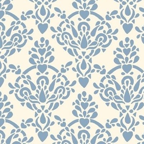Ornamental Victorian damask with Hearts - sky Blue