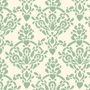 Ornamental Victorian damask with Hearts - jade Green