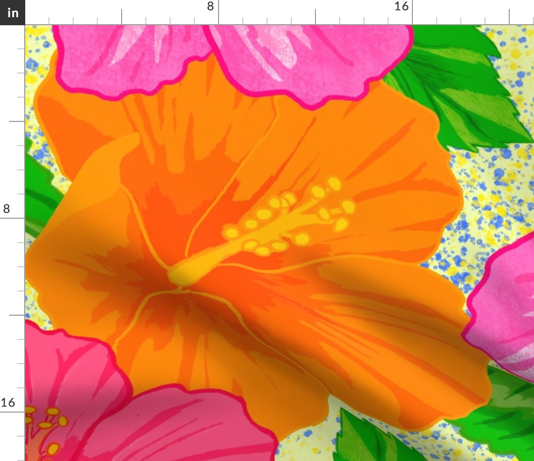 Sunny Hibiscus with Paint Splatters on Yellow