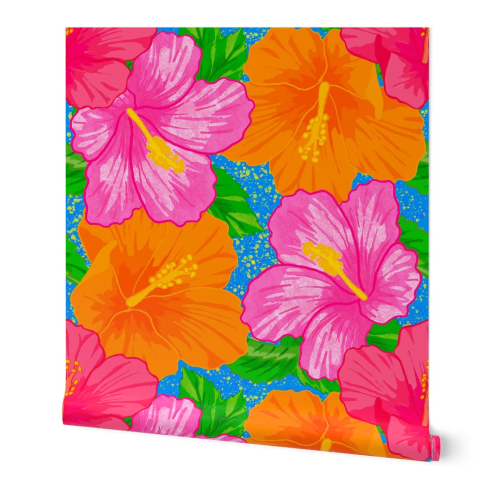 Sunny Hibiscus with Paint Splatters On Blue