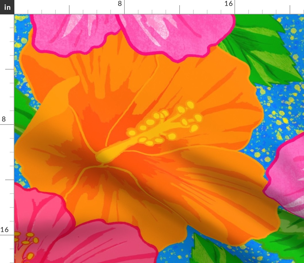 Sunny Hibiscus with Paint Splatters On Blue