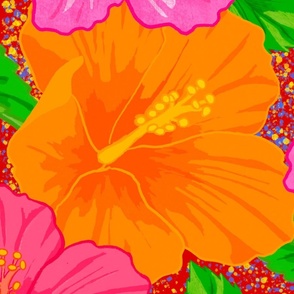 Sunny Hibiscus with Paint Splatters On a Red Background