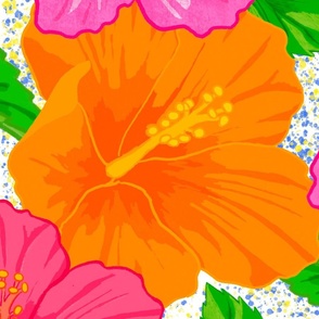 Sunny Hibiscus with Paint Splatters on a White Background
