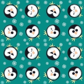 Snowy rolling penguins on green