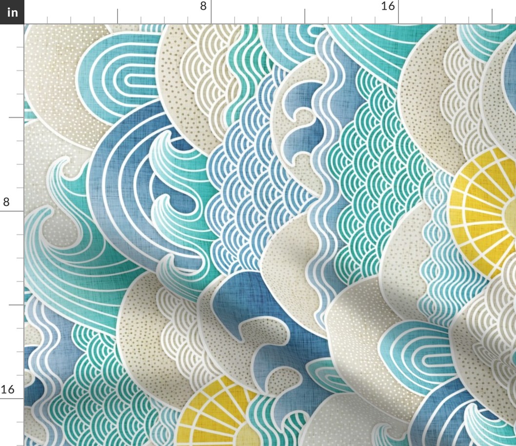 Sun and Sea- Summer Day Large Rotated- Beach Life- Blue Waves- Turquoise- Peacock- Yellow- Large Scale- Home Decor- Wallpaper- Gender Neutral- Hawaii- California
