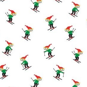 (small scale) downhill skiers - skiing - green and red on white  - LAD21