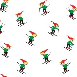 downhill skiers - skiing - green and red on white  - LAD21