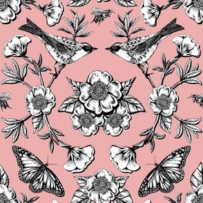 Birds, Butterflies & Flowers in Pink, Black and White