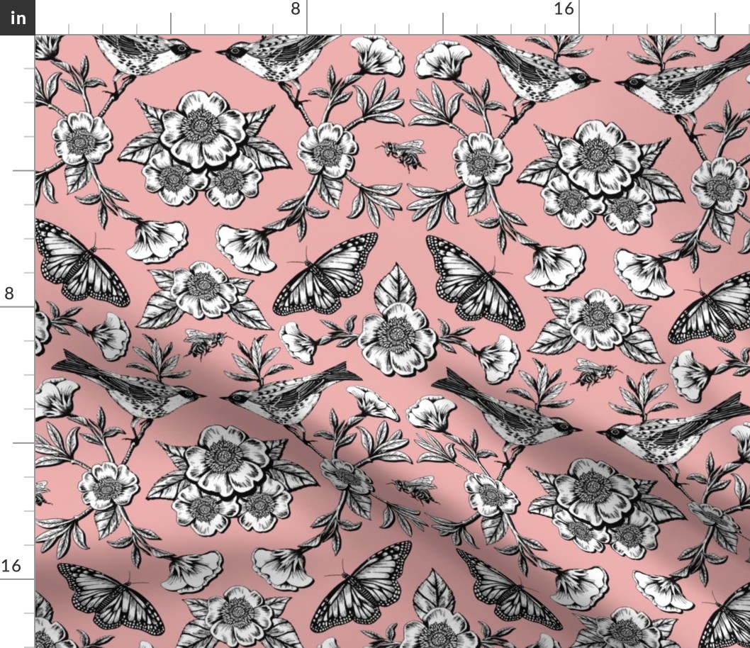 Birds, Butterflies & Flowers in Pink, Black and White