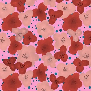 Red on Pink Sugar Sweet Florals - Gouache Style Painting 