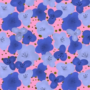 Blue on Pink Sugar Sweet Florals - Gouache Style Painting 