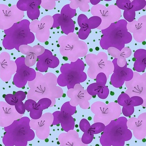 Purple on Blue Sugar Sweet Florals - Gouache Style Painting 