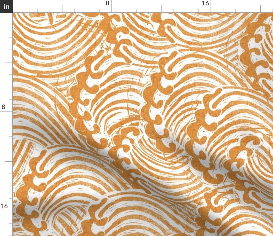 LARGE block printed waves - wave fabric, japanese fabric, interiors fabric, ocean waves, wallpaper, interiors - golden yellow