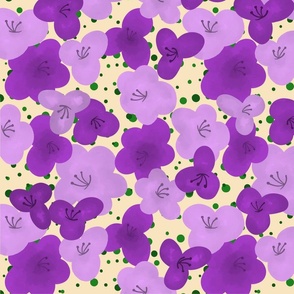 Purple on Yellow Sugar Sweet Florals - Gouache Style Painting 