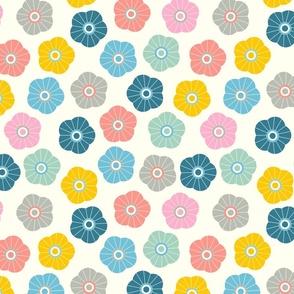 Spring Daisies Floral in Pastel Pink Blue Yellow Gray Green Red with Cream - MEDIUM Scale - UnBlink Studio by Jackie Tahara