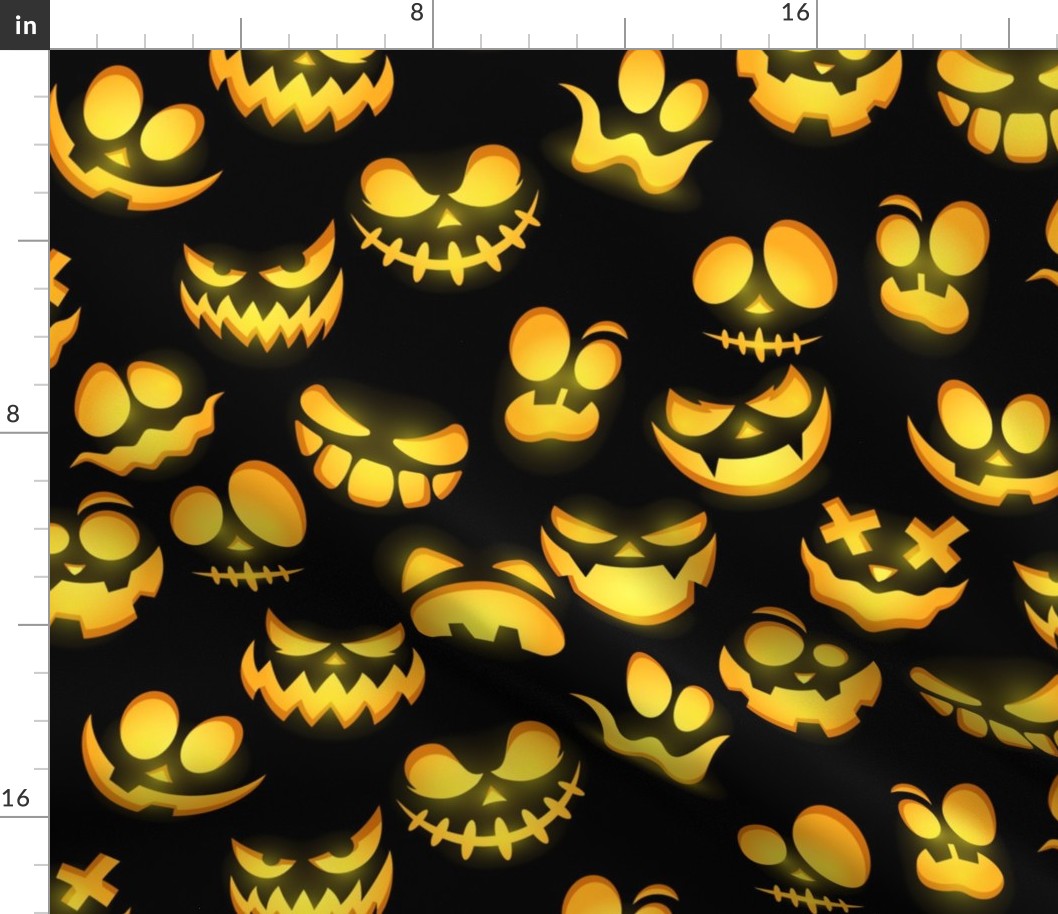 Grinning Halloween Jack o Lantern Faces in Orange on Black