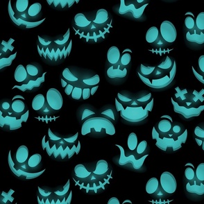 Grinning Halloween Jack o Lantern Faces in Aqua on Black