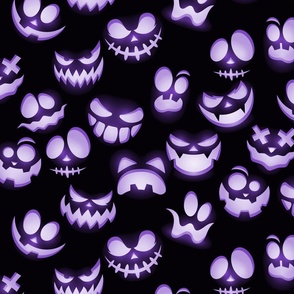 Grinning Halloween Jack o Lantern Faces in Purple on Black