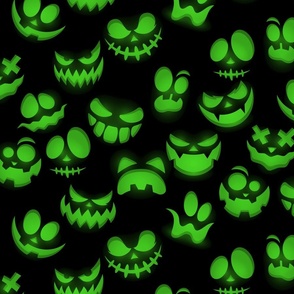 Grinning Halloween Jack o Lantern Faces in Neon Green on Black