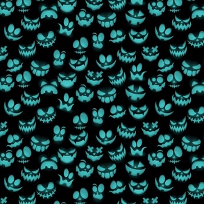 Mini Grinning Halloween Jack o Lantern Faces in Aqua on Black