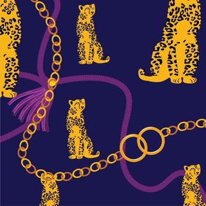 Sitting Leopards and Gold Chains on Purple 