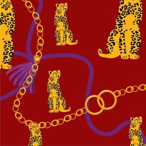 Sitting Leopards and Gold Chains on Red
