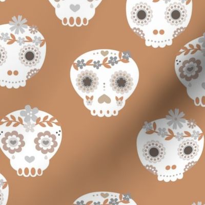 Boho dia de los muertos kawaii skulls with lush flowers and leaves Mexican halloween design boho style caramel gray white neutral LARGE