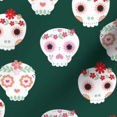 Boho dia de los muertos kawaii skulls with lush flowers and leaves Mexican halloween design boho style red pink white forest green LARGE