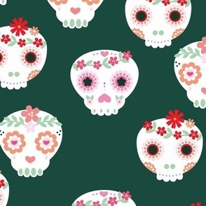 Boho dia de los muertos kawaii skulls with lush flowers and leaves Mexican halloween design boho style red pink white forest green LARGE