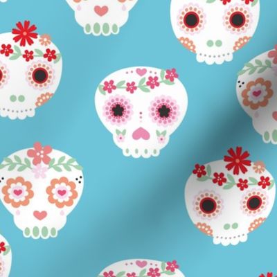 Boho dia de los muertos kawaii skulls with lush flowers and leaves Mexican halloween design boho style red pink red green white on teal blue LARGE