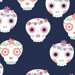 Boho dia de los muertos kawaii skulls with lush flowers and leaves Mexican halloween design boho style blush pink lilac white navy blue LARGE