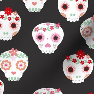 Boho dia de los muertos kawaii skulls with lush flowers and leaves Mexican halloween design boho style red pink white forest charcoal gray LARGE