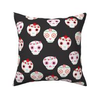 Boho dia de los muertos kawaii skulls with lush flowers and leaves Mexican halloween design boho style red pink white forest charcoal gray LARGE
