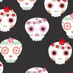 Boho dia de los muertos kawaii skulls with lush flowers and leaves Mexican halloween design boho style red pink white forest charcoal gray LARGE