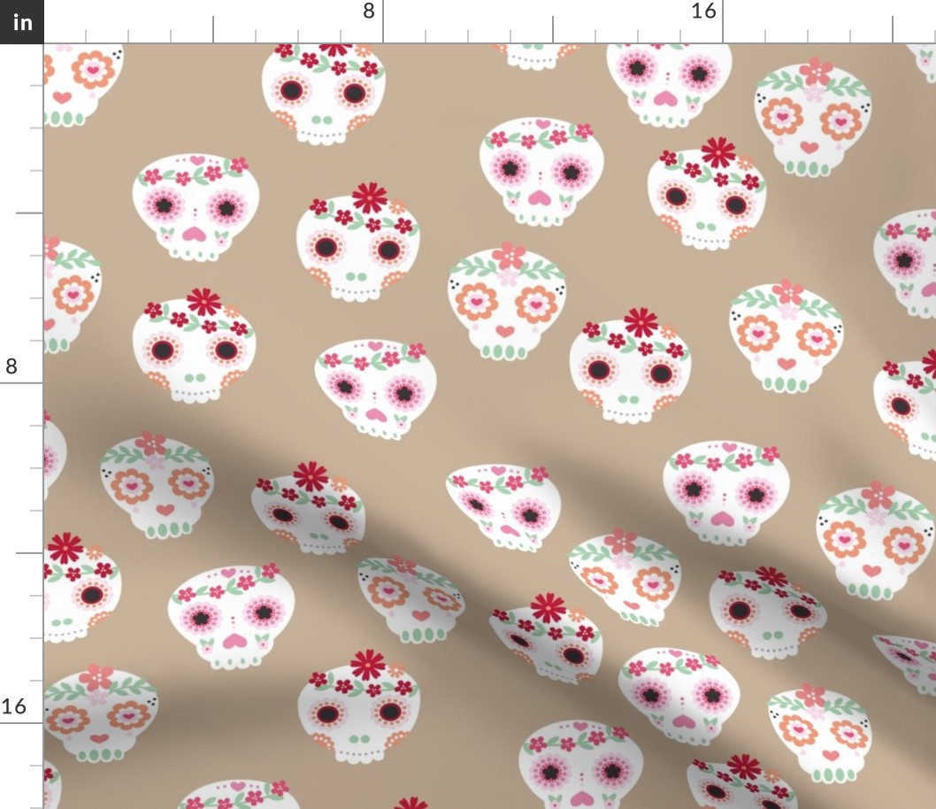 Boho dia de los muertos kawaii skulls with lush flowers and leaves Mexican halloween design boho style red pink white beige sand caramel fall LARGE