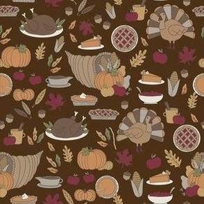 Thanksgiving dinner fabric - thanksgiving, turkey, holiday, American - dark brown