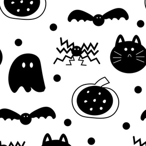Halloween design with ghost, pumpkins, cat, bat and spider on white background