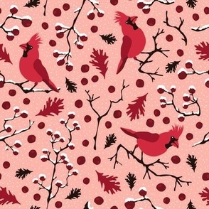 Winter scenery with red cardinals birds, red berries branches and snow on a pink/salmon background