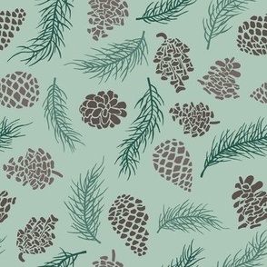 Pine cones and branches Green and Brown winter design