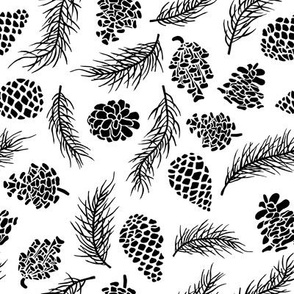 Pine cones and branches black and white winter design
