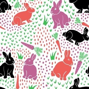 Easter Bunnies and Coloured Carrots in a Happy Garden