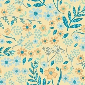 Tan, blue Flowers on Cream Floral - Regular Scale