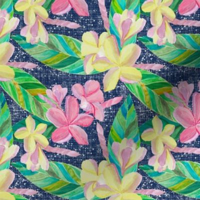 Plumeria Tropical Pattern on Dark Blue