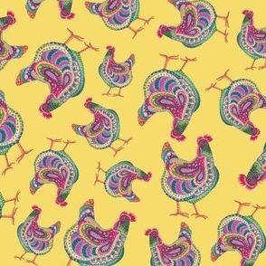 Colorful Chickens on yellow