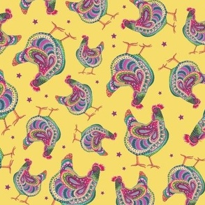 Colorful Chickens with magenta stars on yellow